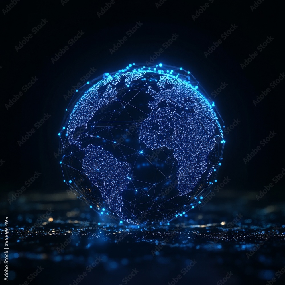 Poster a digital globe illuminated with blue light, representing global connectivity and data flow.