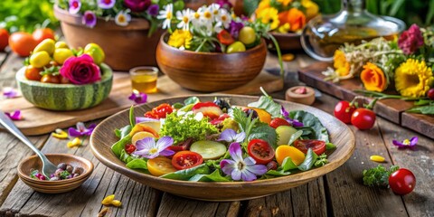 Fototapeta premium Edible Flower Salad with Fresh Vegetables in a Wooden Bowl, Wooden Table, Edible Flower, Salad, Healthy Food