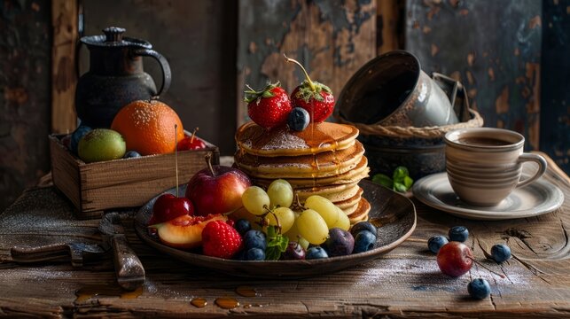 A morning spread featuring a bowl of fresh fruits, a stack of pancakes with syrup drizzling, and a cup of coffee on a rustic wooden table, capturing the cozy and indulgent atmosphere of a leisurely 
