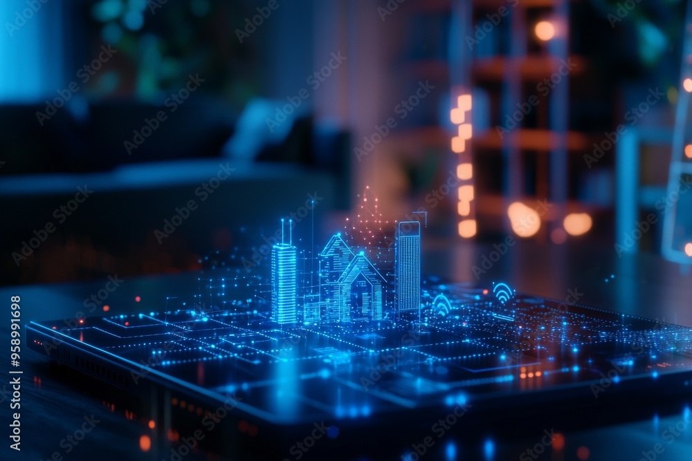 Poster a digital rendering of a house on a computer circuit board, symbolizing smart home technology.