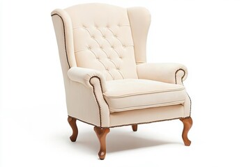 Elegant cream-colored armchair featuring tufted upholstery and classic wooden legs, perfect for adding style to any room.