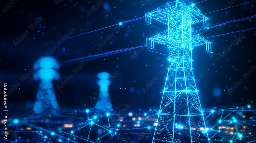 Poster a digital rendering of an electricity pylon glowing in blue, surrounded by a network of connected li