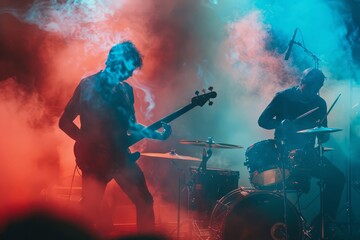 A musical trio performing under dim stage lights, the guitarist, drummer, and bassist each caught in their moment of passion, smoke and colored lights creating an atmospheric effect, the energy