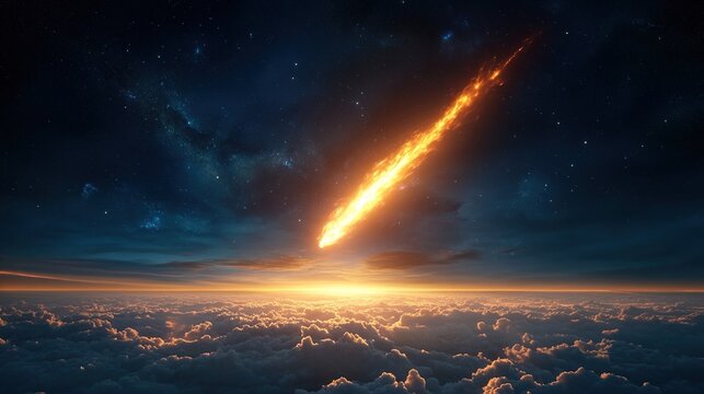 Massive meteorite is falling from the sky, glowing in an orange fire and surrounded by clouds. The background of space, with stars shining brightly behind it.