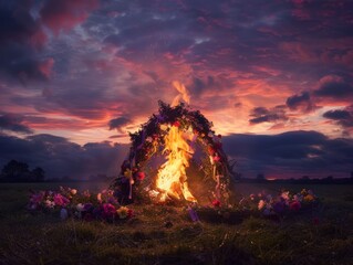 A mystical, atmospheric photograph capturing the vibrant colors of a Beltane celebration, with a bonfire blazing against the backdrop of a twilight sky, adorned with wreaths of flowers and ribbons