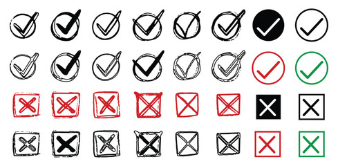 Hand drawn doodle check mark icon, Hand drawn checkbox vote marks, correct or incorrect symbols isolated on white background
