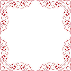 Square frame of curved lines and dots. Red curls on transparent background. Stylized branches with berries. Fantasy geometric shapes. Ethnic nordic style. Monochrome red decor for clothes, home, etc.