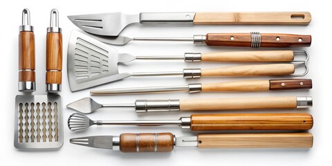 Fototapeta premium Flatlay of Wooden Handled Kitchen Utensils, stainless steel, kitchen tool, grilling tool, cooking utensil