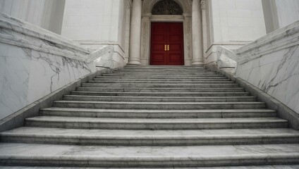White marble stairs leading up to a bright door, creating an elegant contrast.