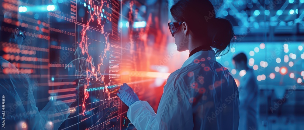 Poster a scientist analyzes digital data in a high-tech laboratory, showcasing advanced research and techno