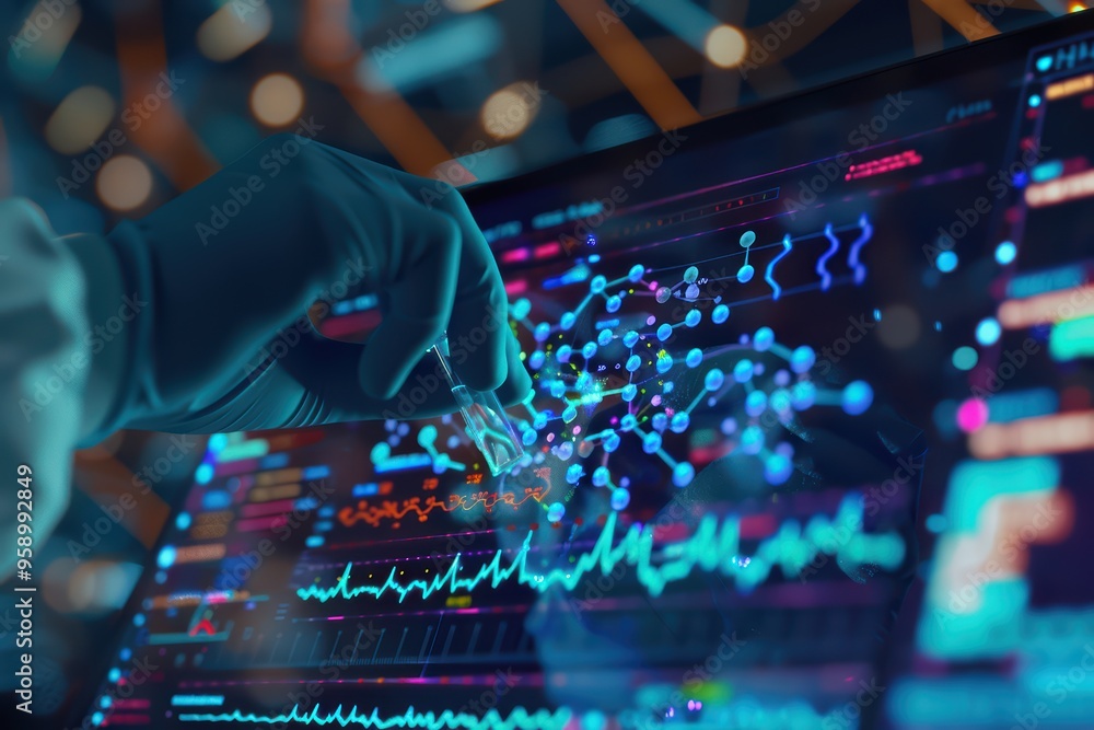 Aufkleber a scientist analyzes data with a digital interface, showcasing vibrant graphs and molecular structur