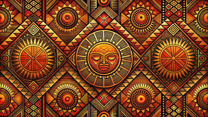 Geometric tribal pattern with vibrant sun motifs in orange and gold tones on a textured background with copy space