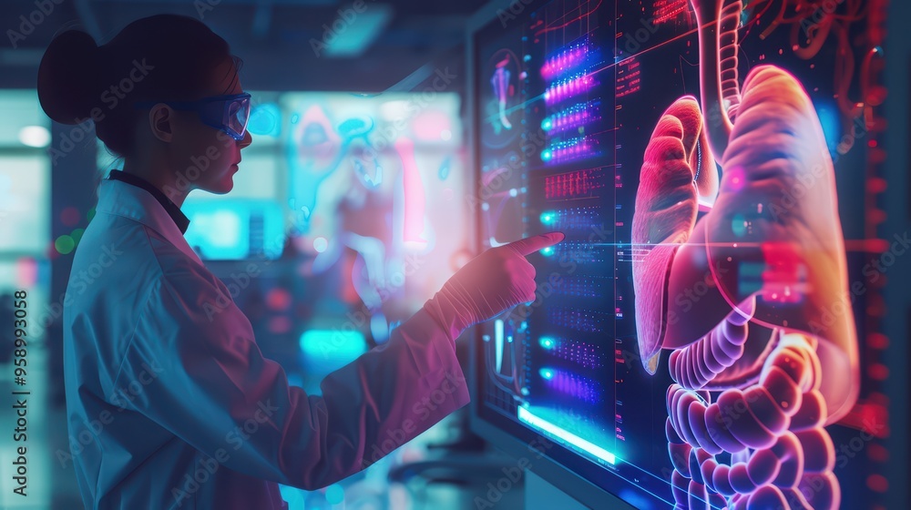 Poster a scientist analyzing lung data on a digital screen in a futuristic laboratory environment.