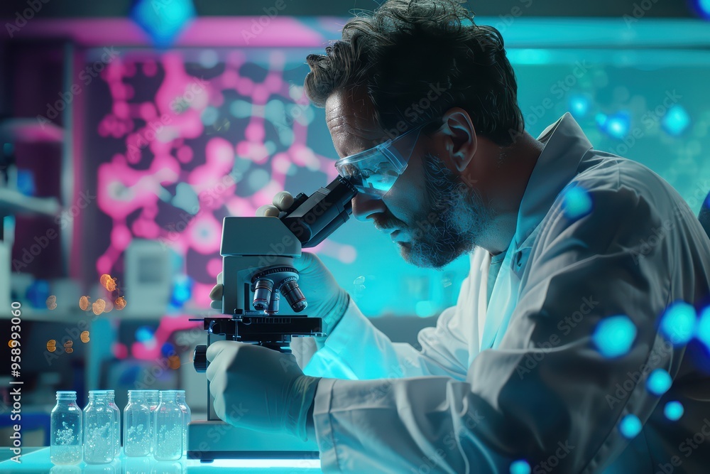 Poster a scientist analyzing samples with a microscope in a modern laboratory filled with colorful lights a