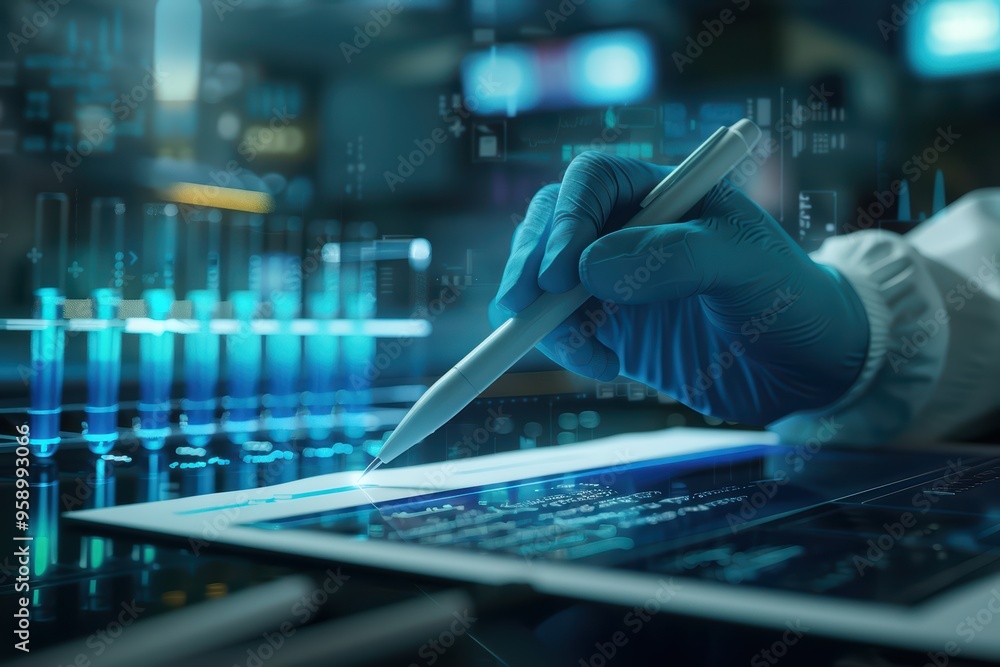 Poster a scientist in a lab uses a tablet with data analysis, surrounded by glowing test tubes and high-tec