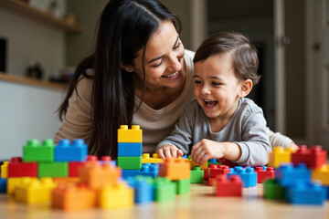 Mother and Child Playing with Colorful Blocks