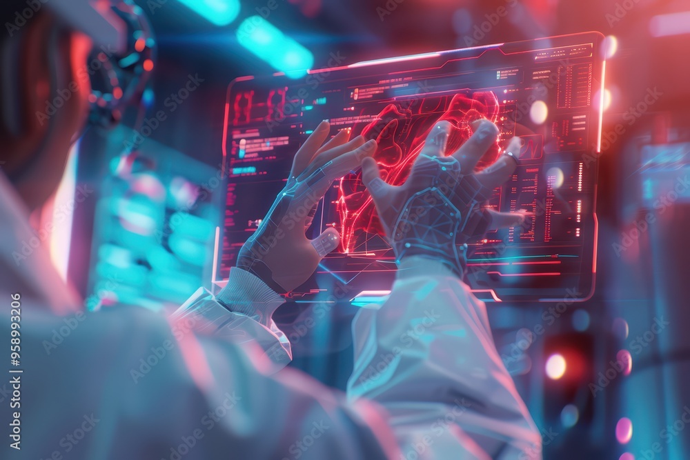 Poster a scientist interacts with a futuristic holographic interface, showcasing advanced technology in a l