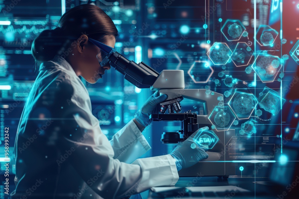 Poster a scientist examines samples using a microscope in a futuristic laboratory filled with digital displ