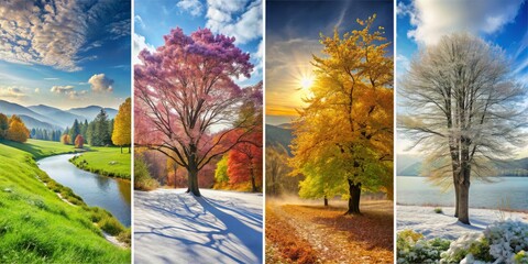 Four Seasons of a Tree, Mountains and River, Spring, Summer, Autumn, Winter, nature