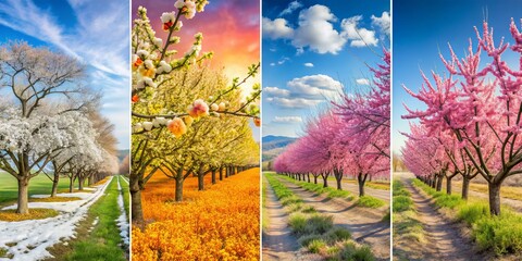 Four Seasons Tree Line, Spring, Summer, Autumn, Winter, Nature, Landscape