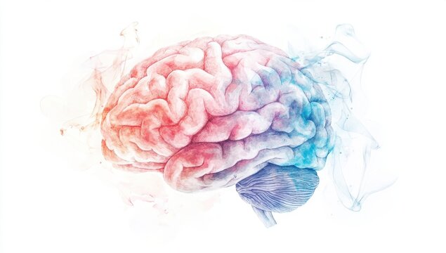 Watercolor brain illustration, minimalistic style, white background, pastel colors, soft shadows Generative AI