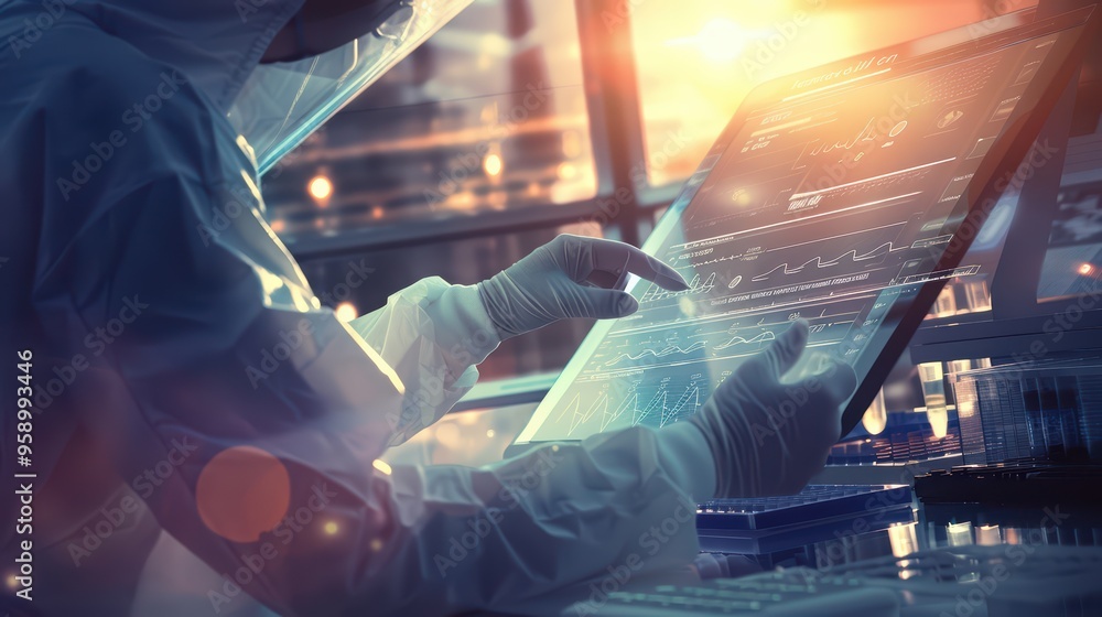 Poster a scientist in protective gear interacts with a digital screen displaying medical data in a high-tec