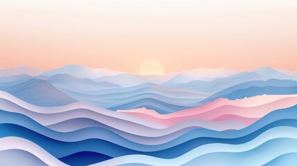 Fototapeta premium A serene landscape featuring layered waves of blue and pink, illuminated by a soft rising sun in a tranquil sky.