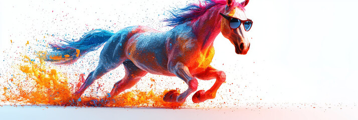 A colorful horse with sunglasses runs across a white background, leaving a trail of paint.