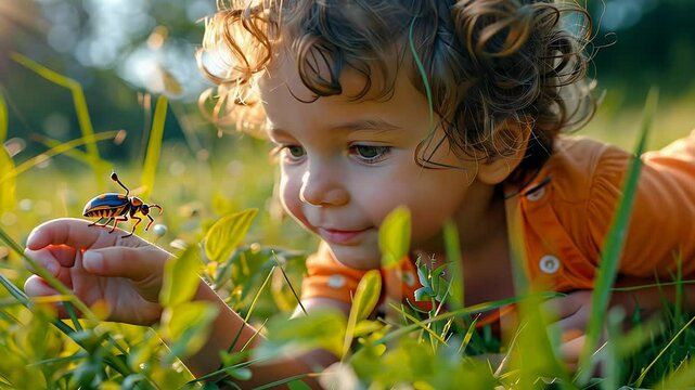 A young child is intently gazing at a bright beetle while lying in the grass, surrounded by vibrant greenery under the warm afternoon sun, exploring nature's wonders.