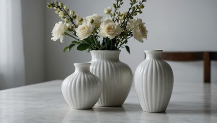 White Vases with Flowers White vases with flowers on a white surface.