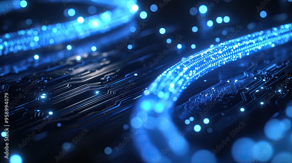 Poster abstract digital background with glowing blue lines and particles on a circuit-like surface.