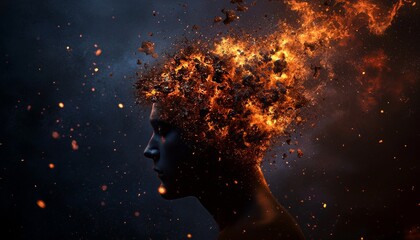 Obraz premium A fiery, abstract portrait of a person with flames engulfing their head. The image evokes a sense of intense emotion and inner turmoil.