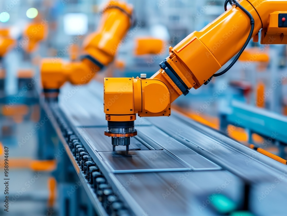 Poster industrial robots with orange arms work on a factory assembly line.