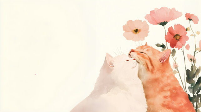 Cute cats in love white and red on a beige background. A pair of two kittens. Greeting card for Valentine's Day, birthday, wedding.