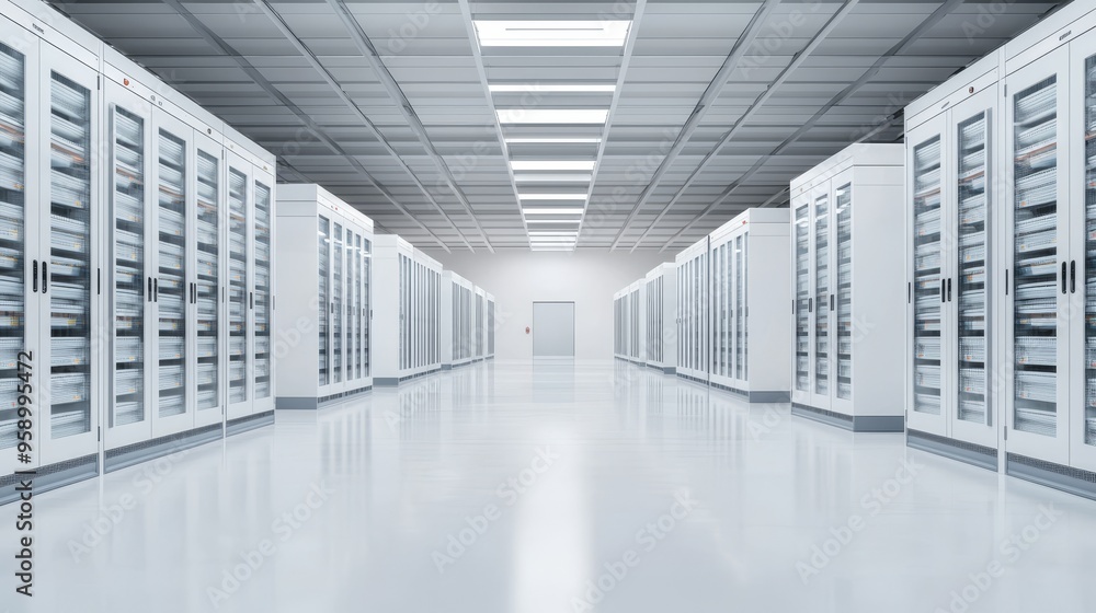 Poster a clean and modern server room with rows of white server racks. the room is brightly lit and has a p
