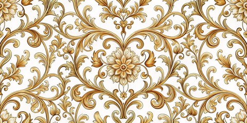 Golden Baroque Floral Pattern, White Background, Digital Art, Seamless Repeat, Luxury Design, Baroque, Floral