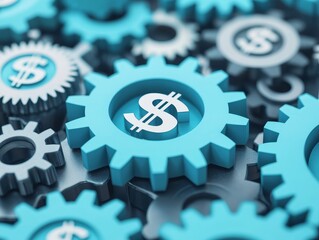 A close-up of interlocking gears with dollar signs in the center. The gears are blue and gray, representing the concept of financial growth.