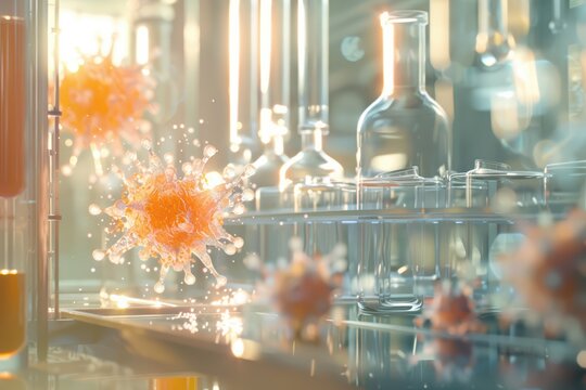A vibrant depiction of microscopic viruses in a laboratory, highlighting scientific research and discovery in healthcare technology.