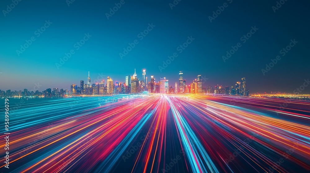Poster a futuristic cityscape with blurred lights streaking across the foreground, creating an abstract and