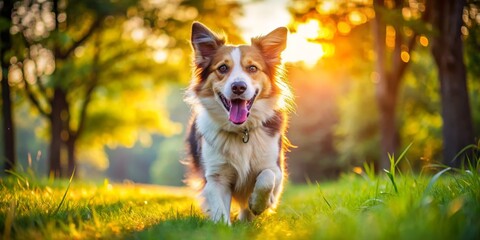 Golden Hour Doggy Delight A playful Border Collie running through a field of grass bathed in the warm glow of sunset, Dog , Golden Hour , Border Collie