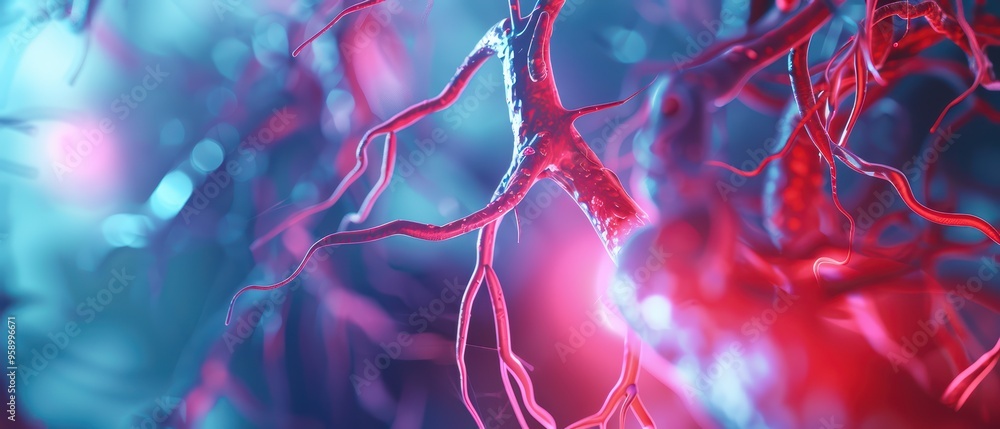 Poster abstract close-up of colorful neuronal structure with bright glowing elements, evoking themes of sci