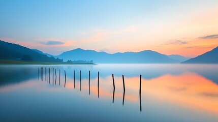 Fototapeta premium A serene lake with wooden posts at sunrise, reflecting the sky in the still water.