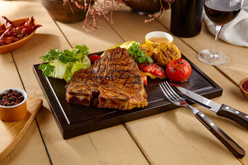 T-Bone Steak with Grilled Vegetables on Wooden Table - Rustic Dining Style