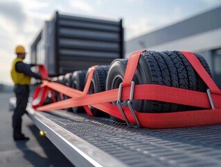 A worker secures a load of tires with red straps on a flatbed truck.