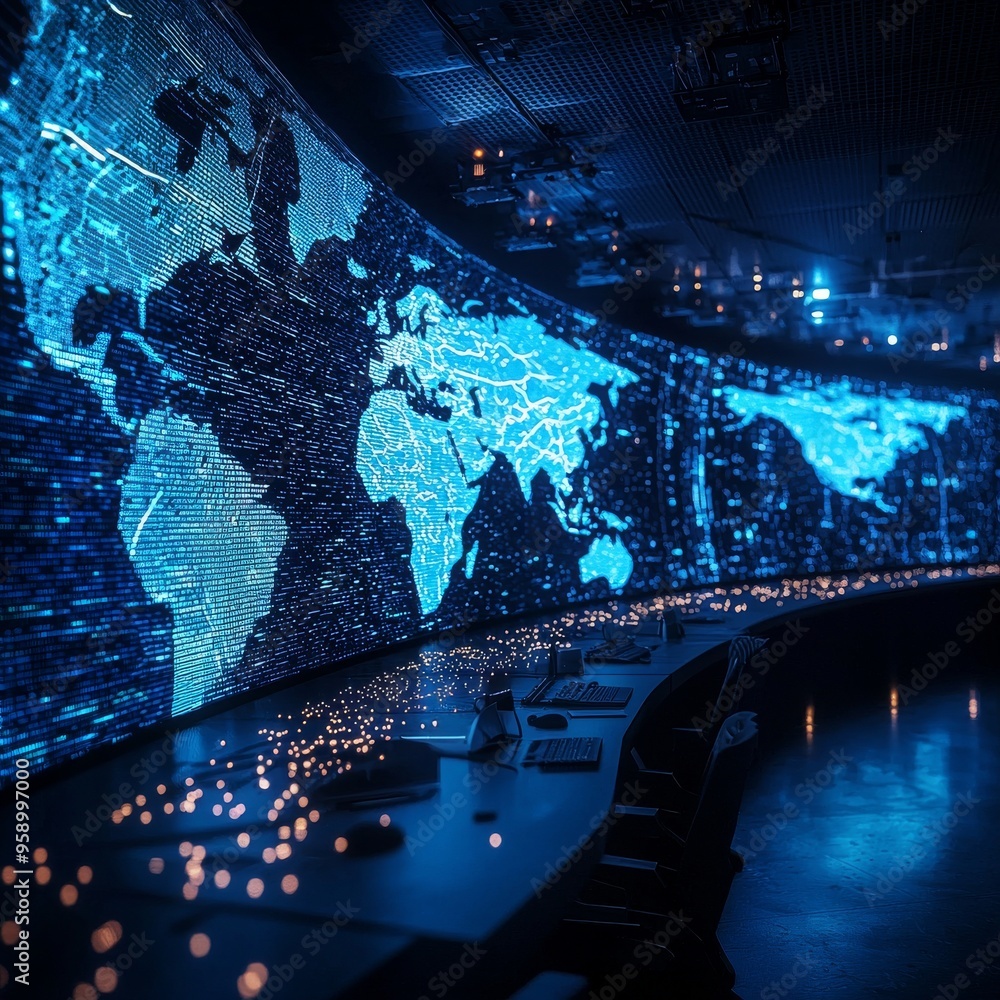 Poster a futuristic, glowing world map projected onto a curved wall, symbolizing global connection and data