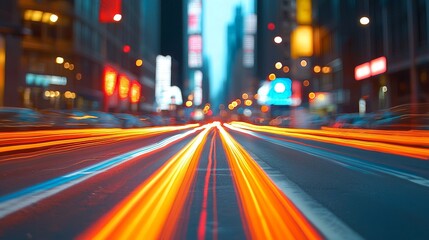Obraz premium Abstract city lights trail on a busy street at night, creating a vibrant and dynamic urban scene.