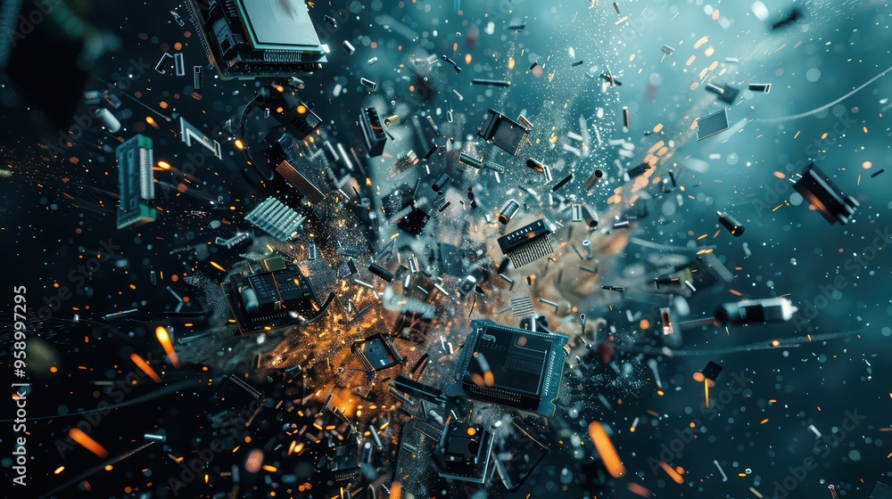 Poster an explosive burst of technology, showcasing debris and sparks in a dynamic and visually striking co