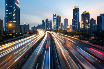 Obraz premium Dynamic urban highway scene with motion blur, capturing evening rush hour energy 