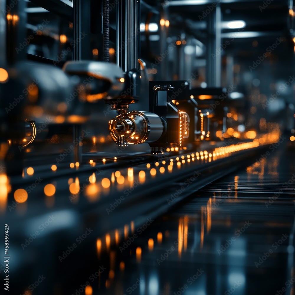 Poster a futuristic assembly line with glowing lights and robotic arms. the image evokes a sense of high-te