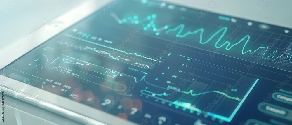 Poster close-up of a digital tablet displaying advanced data analytics with graphs and metrics, ideal for t